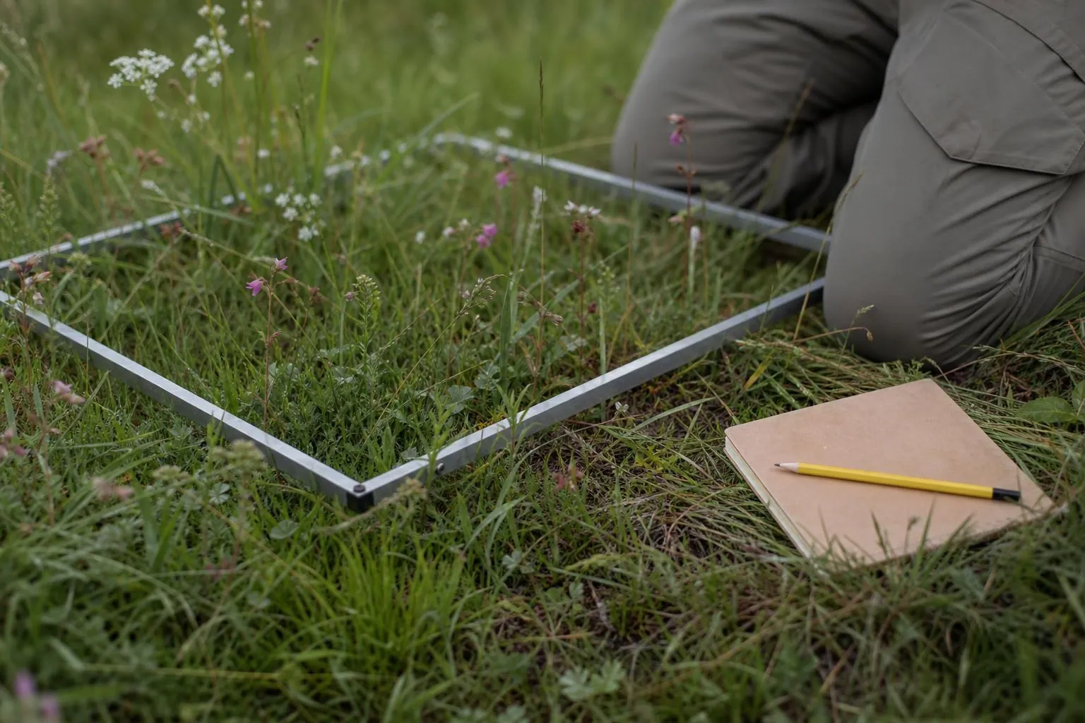 Cadre de releve en aluminium pose dans une prairie humide en fleurs au printemps, avec un carnet de terrain et un crayon poses a cote.