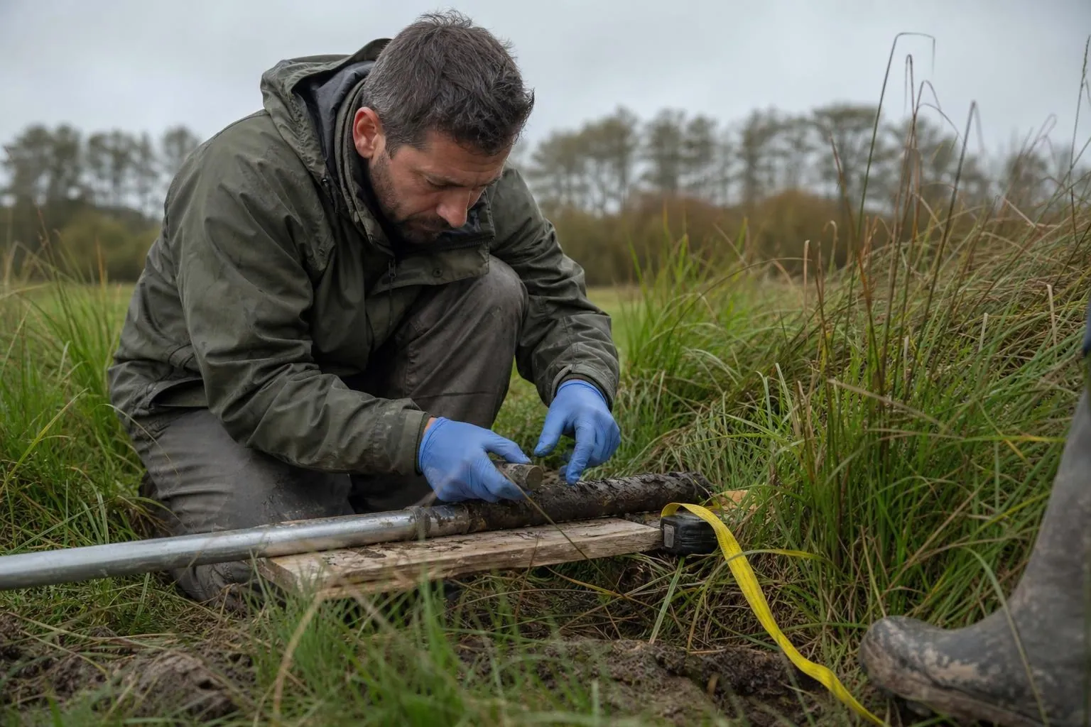 Un ecologue accroupi dans une prairie detrempee extrait une carotte de sol de la goulotte metallique d une tariere a main, un metre ruban deplie au sol.