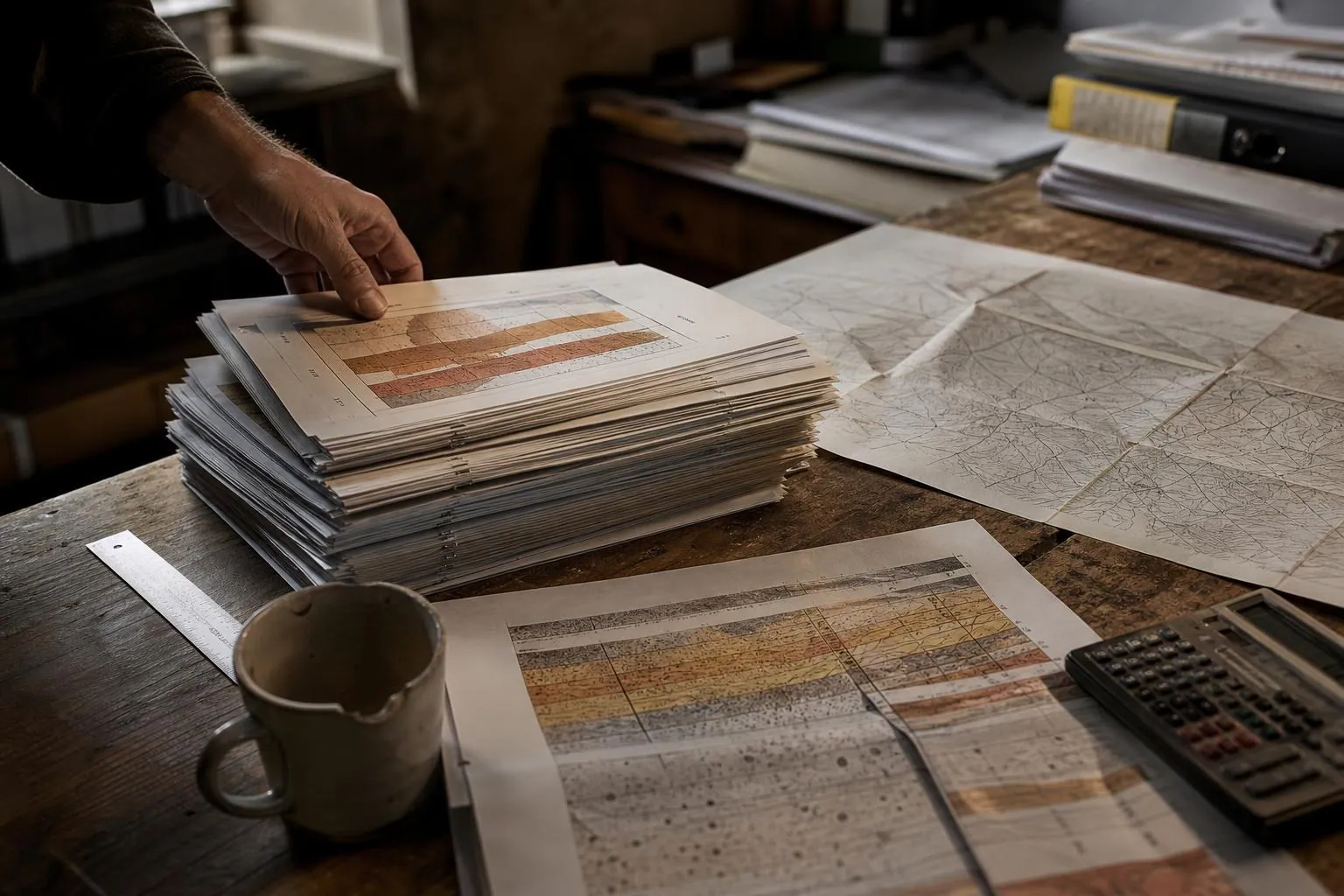 Plan de travail en bois d un bureau d etudes avec liasses agrafees, planches de coupes de sondage imprimees, carte pliee et regle metallique.