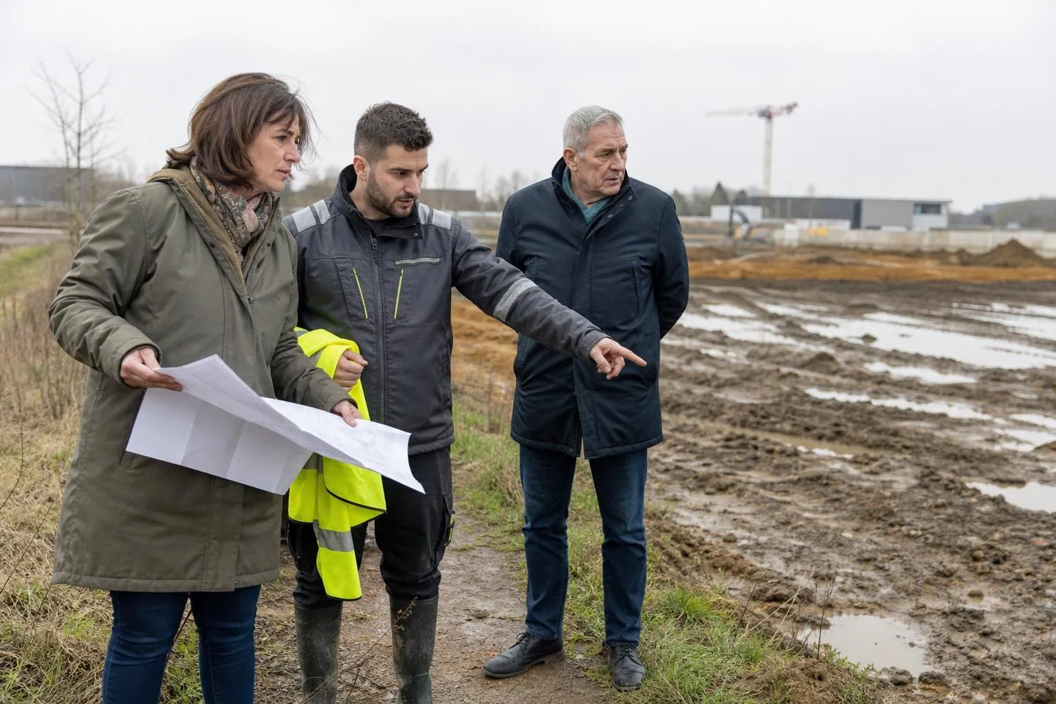 Trois professionnels debout en bordure d une parcelle en friche jouxtant une zone d activites en construction, un plan papier deplie entre eux.