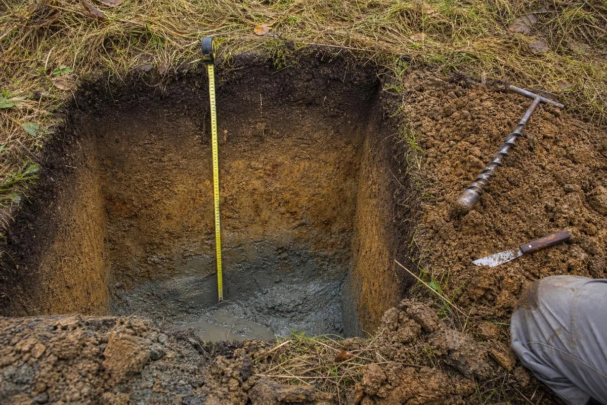Fosse pedologique ouverte montrant la succession des horizons de sol, un metre ruban plante verticalement dans la paroi et une tariere posee au bord